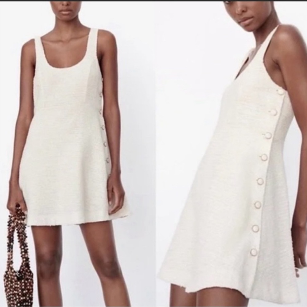 ZARA NWT Boucle Women's Cream Sleeveless A-Line Dress with Side Button Detail